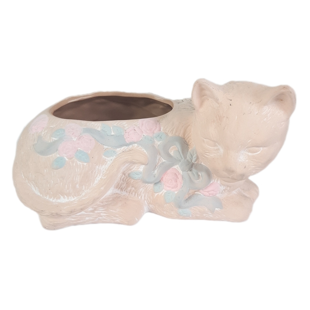 🛍Vtg 1988 CBK Ltd Blue Bow & Pink Roses CeramicCat Planter Terra Cotta Style